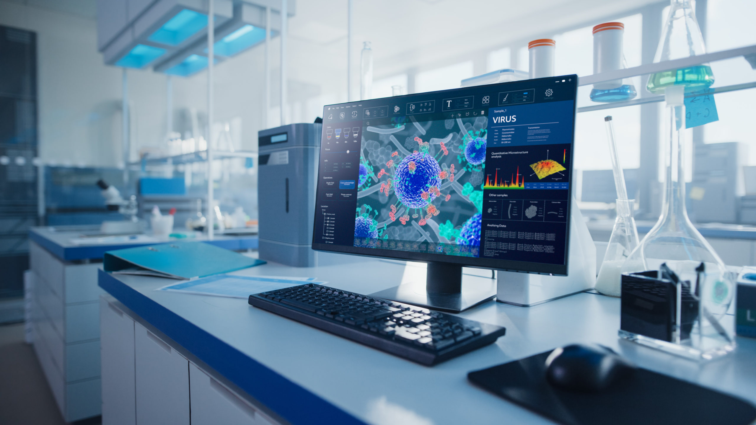 Modern Medical Research Laboratory with Computer Showing Virus Genome Research Software. Scientific Laboratory Biotechnology Development Center Full of High-Tech Equipment.