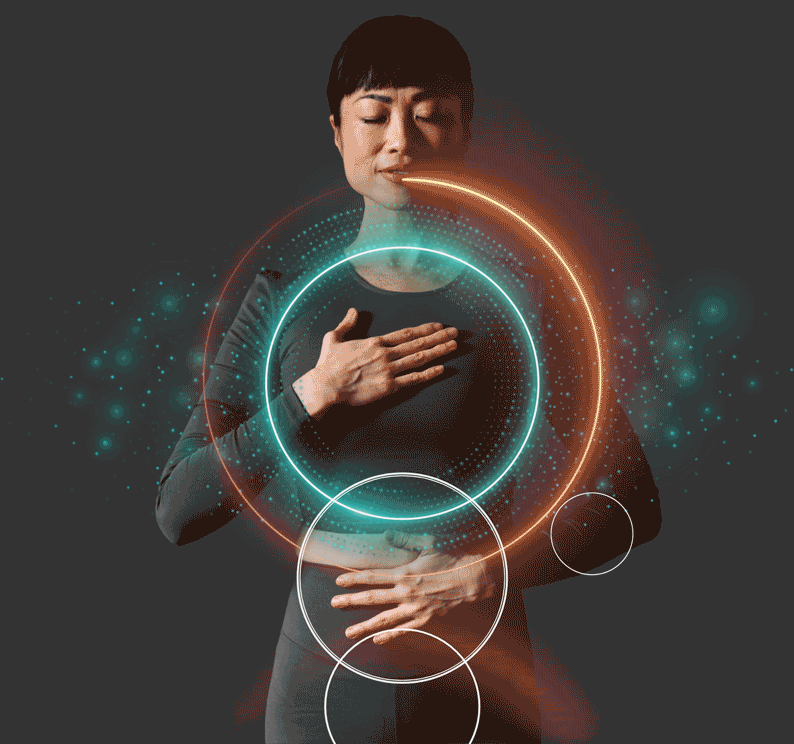 Woman with glowing circles indicating PCR testing areas for comprehensive diagnostic menu